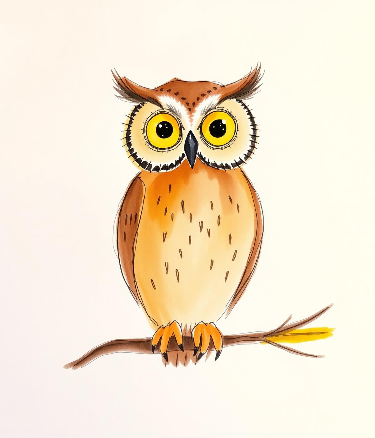 Watercolor illustration of an owl perched on a branch