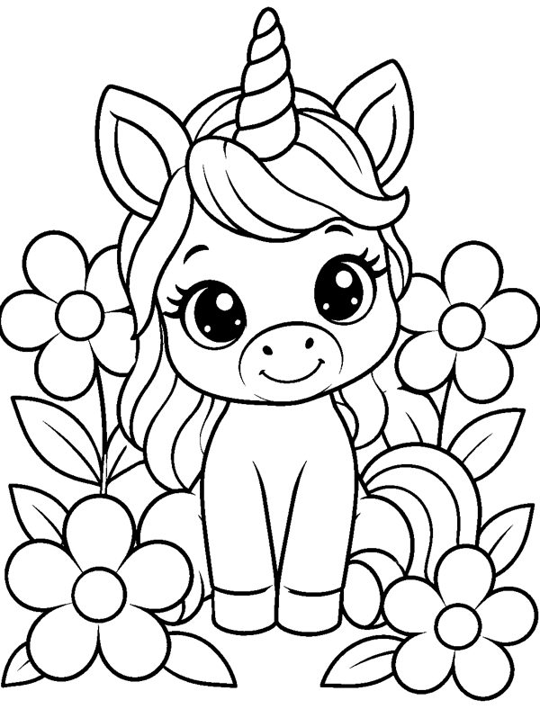 Baby Unicorn with Flowers coloring page