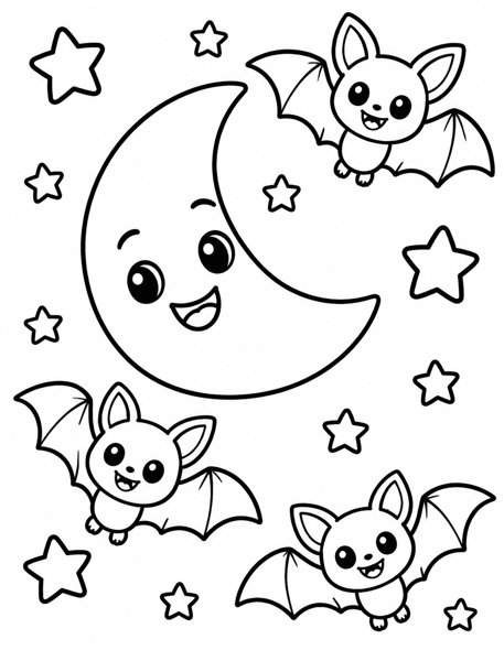 Bats and the Smiling Moon coloring page