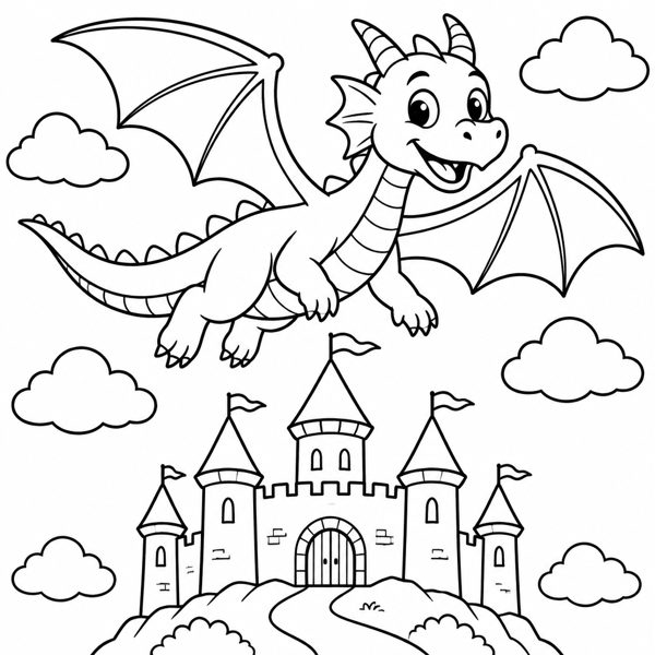 Dragon Over the Castle coloring page