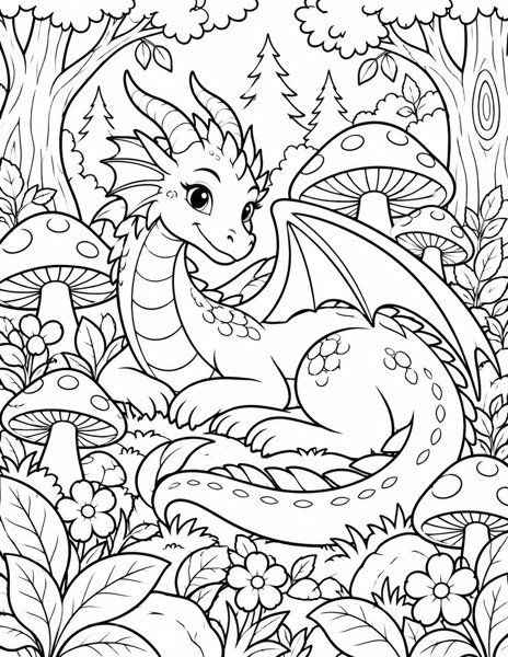 Dragon in the Mushroom Forest coloring page
