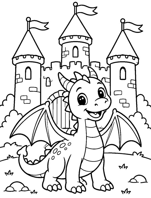 Friendly Dragon with Castle coloring page