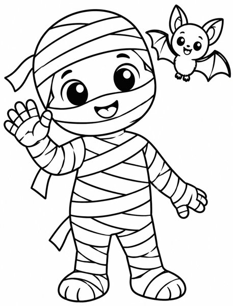 Happy Mummy and Bat coloring page