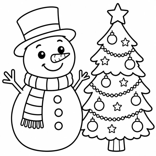 Snowman and Christmas Tree coloring page