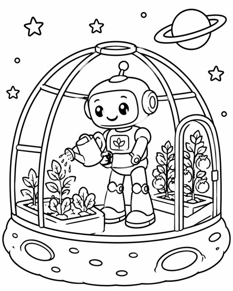 Space Robot Garden coloring page