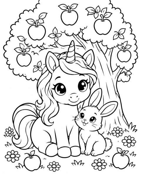 Unicorn and Bunny Picnic coloring page