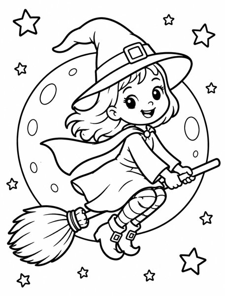 Witch Flying Over the Moon coloring page