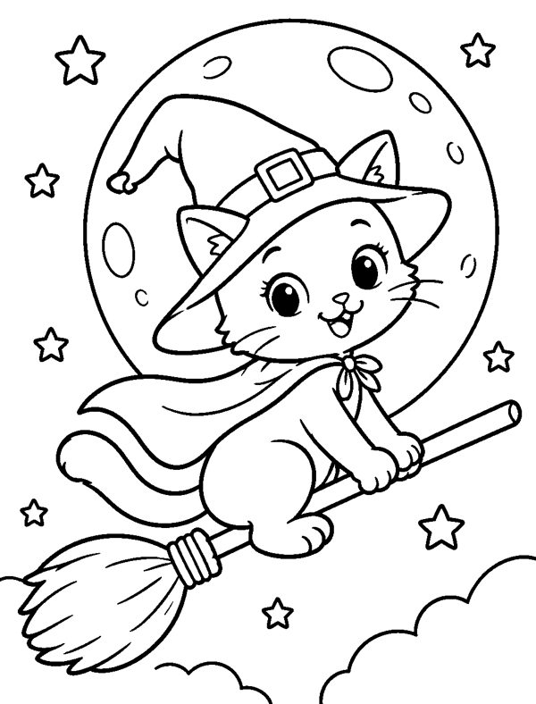 Witch's Cat on a Broom coloring page